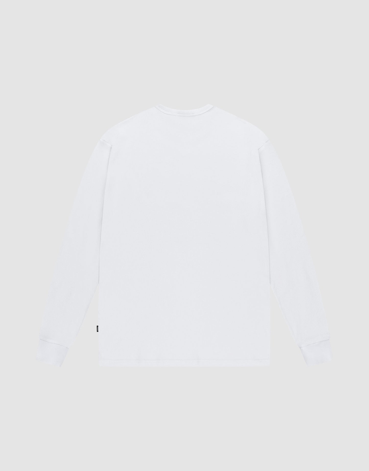 The LIVE FAST DIE YOUNG Blank Waffle Longsleeve in Oversize Fit is shown flat, back side up, against a light gray background.