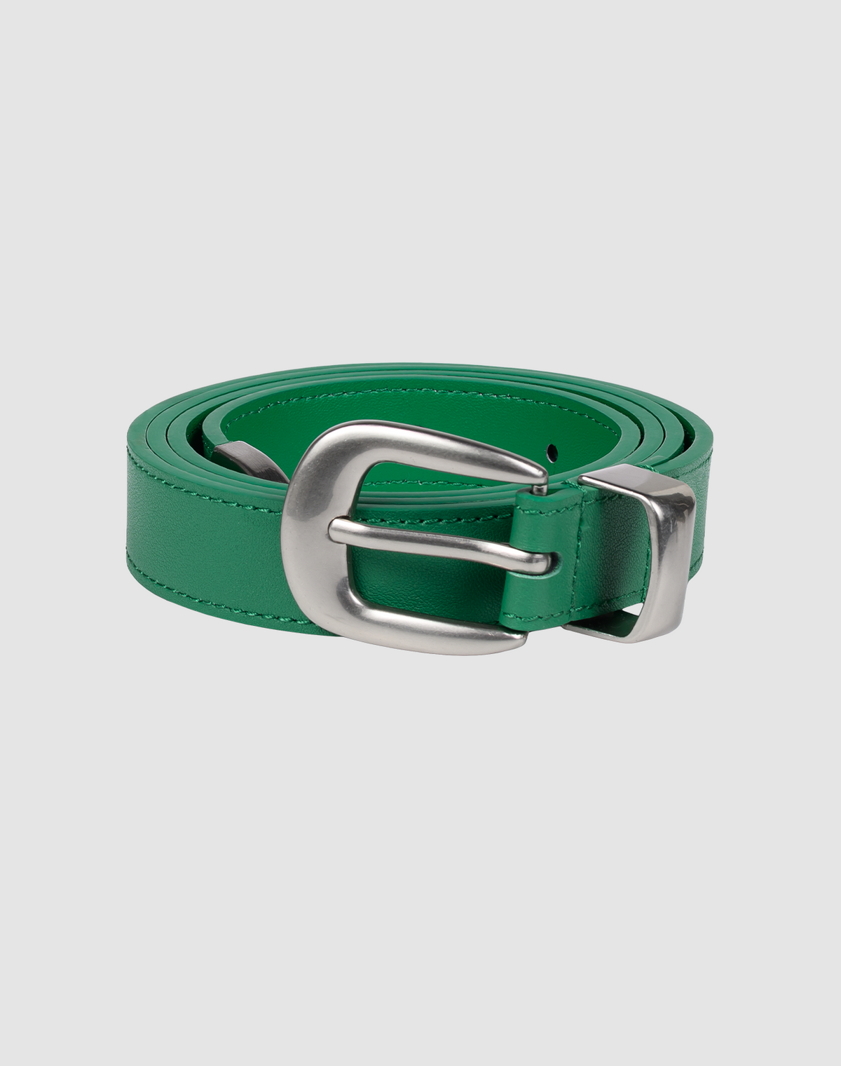 The LFDY Slim Belt by LIVE FAST DIE YOUNG, in green with a shiny silver buckle, model LF2606-20551, is rolled up and shown against a light gray background, highlighting its elegant design and impressive length. 