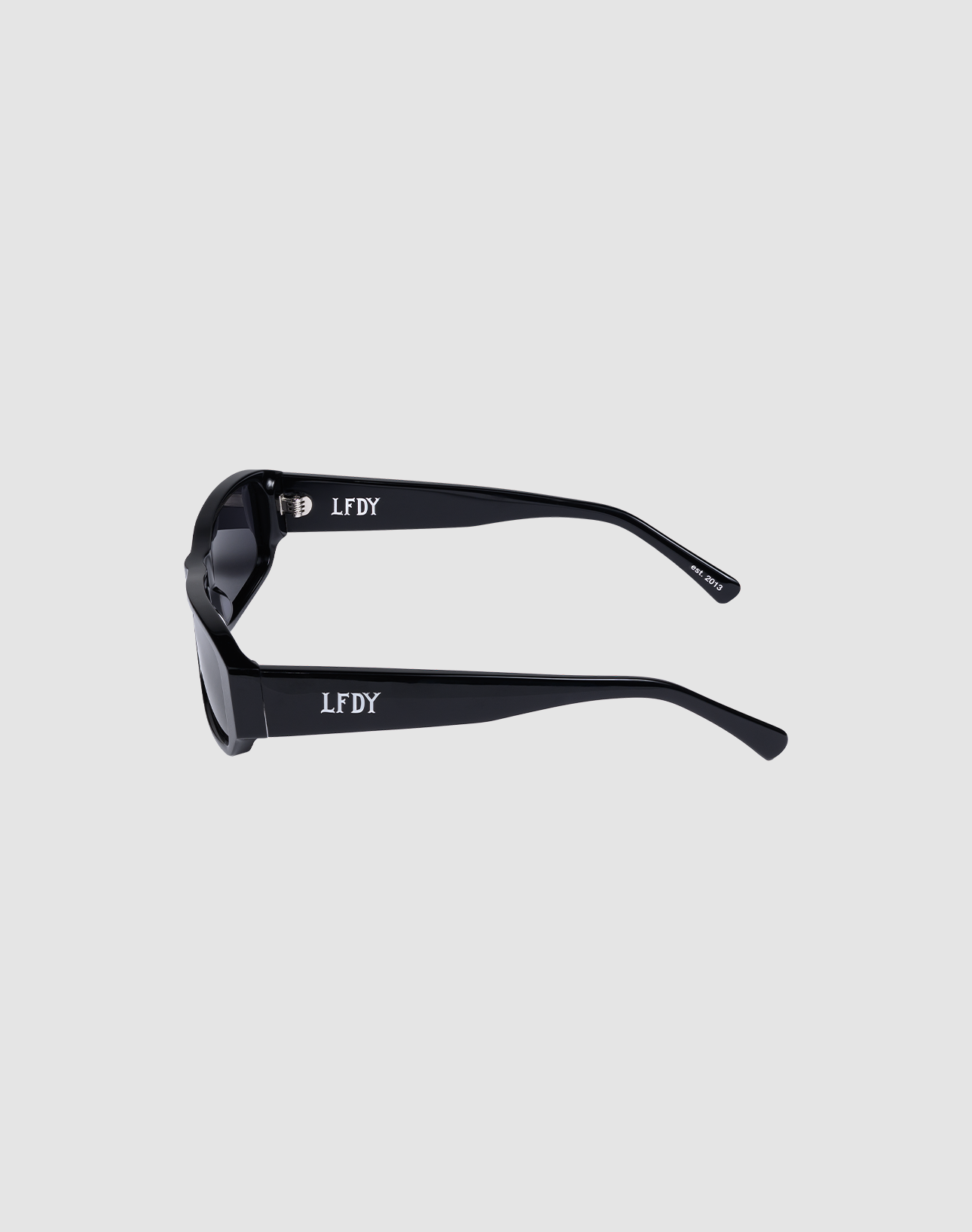 The LFDY Wrap sunglasses by LIVE FAST DIE YOUNG feature thick black frames, colored lenses, and the white LFDY logo on the temples, displayed from the side against a plain light gray background.