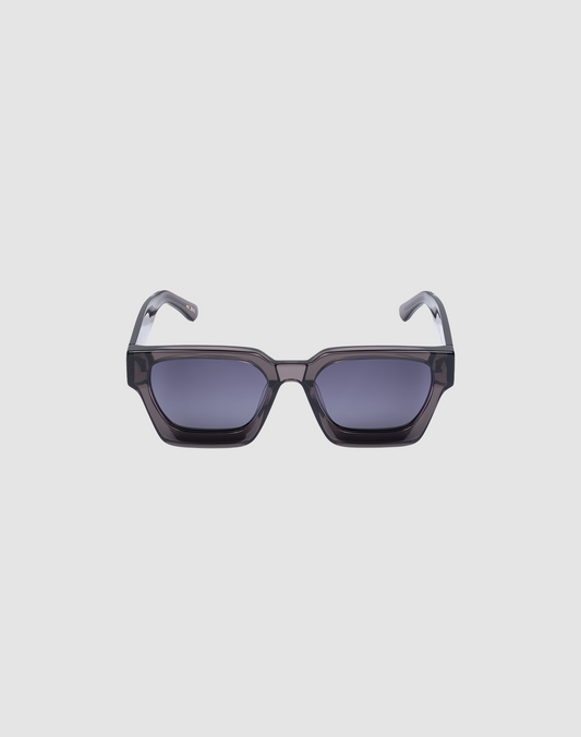 The LFDY Big Wire by LIVE FAST DIE YOUNG features rectangular dark-tinted lenses and a clear gray geometric Mazzuchelli Acetat frame with UV protection, shown on a plain light gray background.