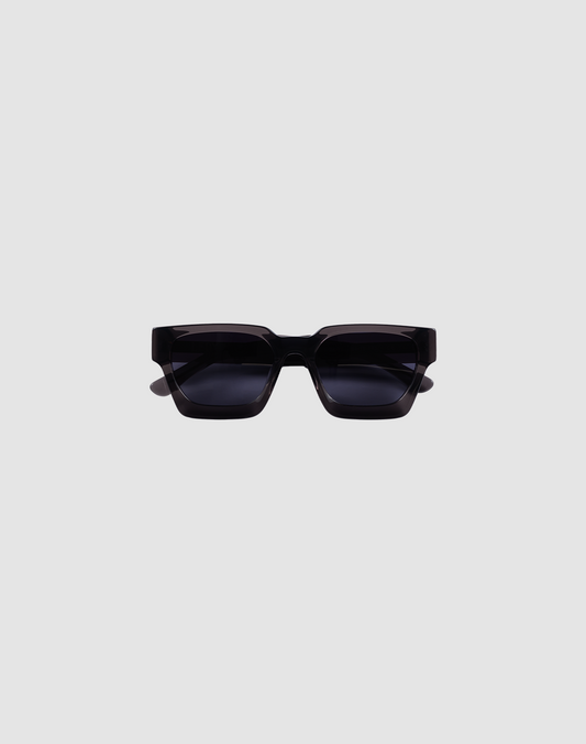 The LFDY Big Wire by LIVE FAST DIE YOUNG is a pair of rectangular black sunglasses with thick Mazzuchelli Acetat frames and dark UV-protection lenses, shown on a plain light gray background.