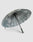 The LFDY Umbrella by LIVE FAST DIE YOUNG features a large transparent canopy with a cloudy sky print, showcased open on its side against a light gray background. It includes a stabile Rahmenkonstruktion and straight dark green handle for style and durability.