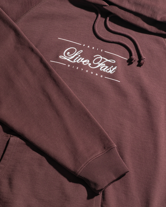 The LFDY Embroidery Hooded by LIVE FAST DIE YOUNG is a maroon Regular Fit hoodie in 100% cotton French terry, featuring PARIS Live Fast DIE YOUNG chest text, a front pocket, and drawstring hood for comfort.