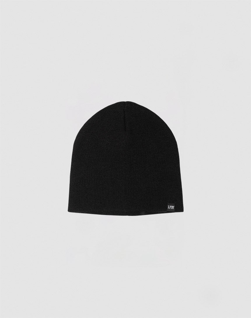 A plain black Uncuffed Beanie by LFDY, made from polyacryl with a small LFDY logo patch on the bottom edge, is shown against a light gray background.