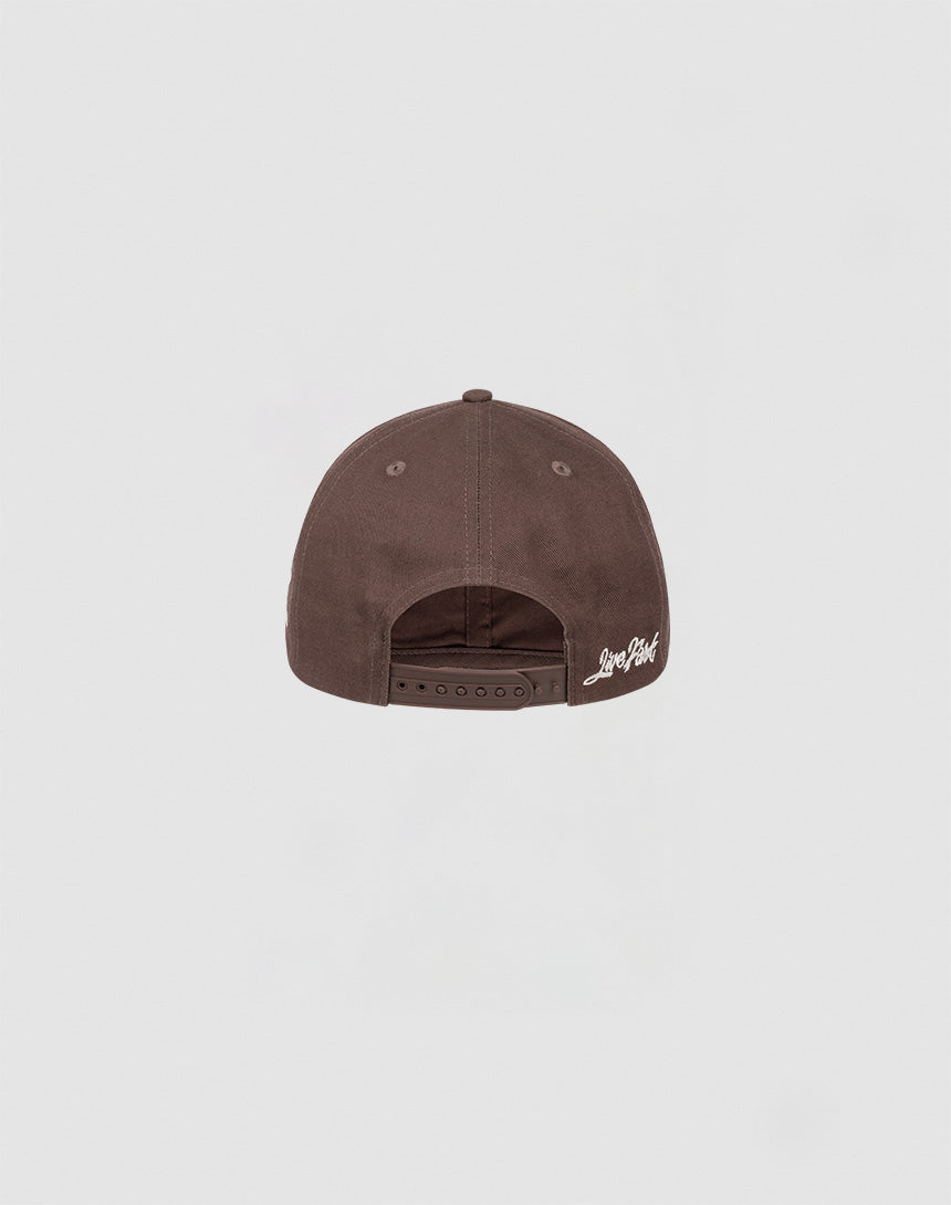 Back view of the LF Snapback by LIVE FAST DIE YOUNG, a brown 100% Baumwolle cap with an adjustable Snapverschluss and small white Love Park text above the strap. Set against a plain light gray background.