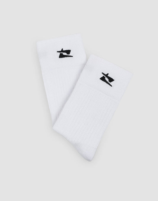 The Live Fast Performance Socks by LIVE FAST DIE YOUNG are white crew socks (Double Sizes 44-48), made from soft cotton with a black abstract logo near the top, shown on a light gray background. 