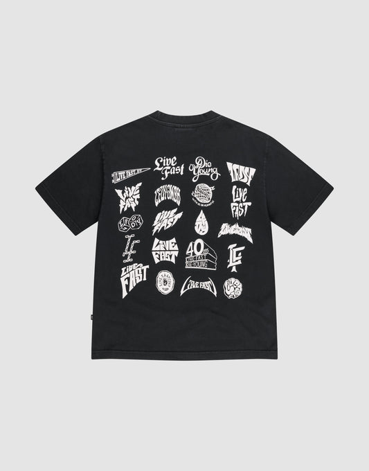 The LFDY Logo Tee by LIVE FAST DIE YOUNG is a black, 100% Baumwolle oversize shirt laid flat, featuring multiple white graphic logos and phrases like “Live Fast” and “Stay Young” in unique fonts on the back. | plain