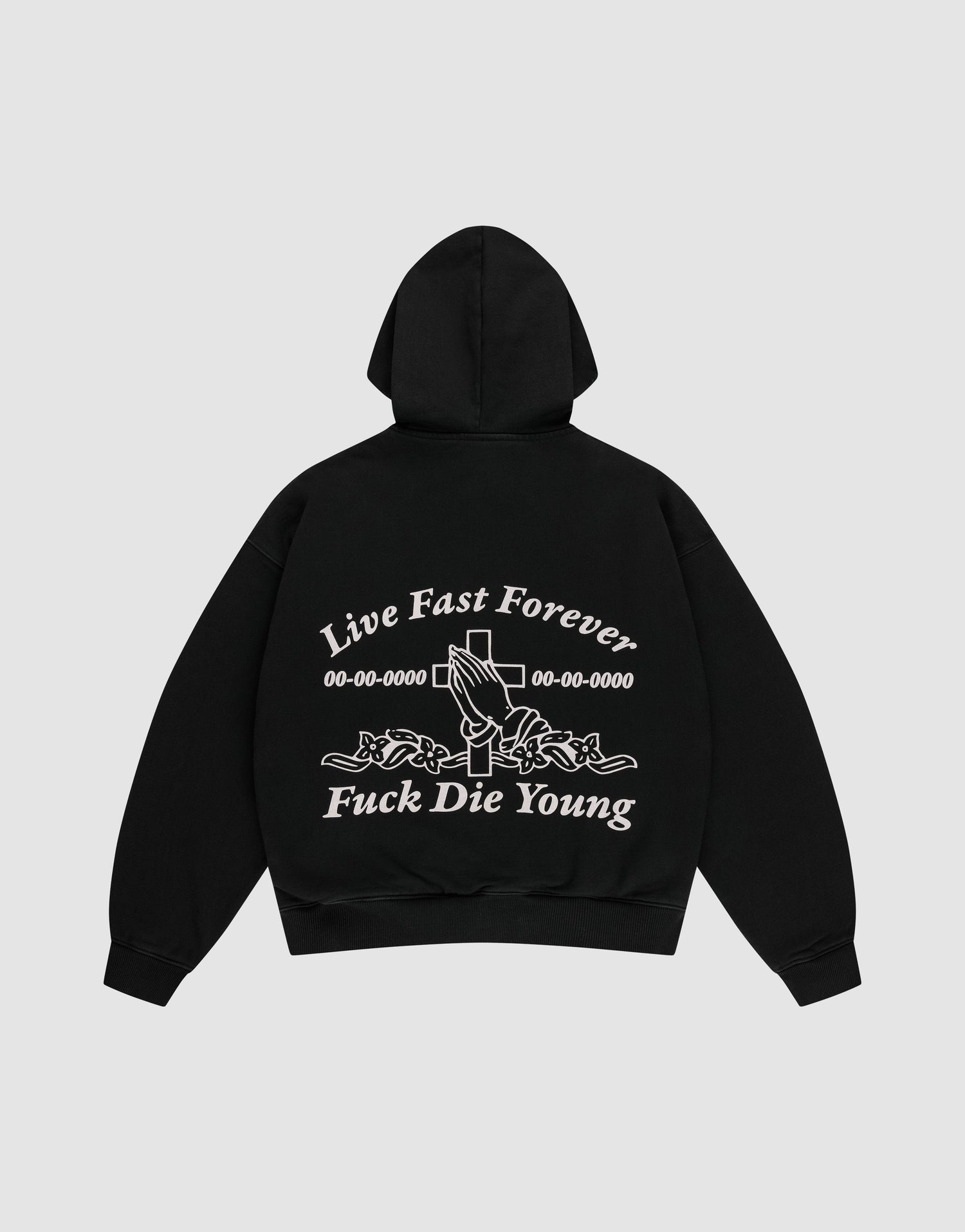 A person wearing the LIVE FAST DIE YOUNG LFDY Praying Hooded Zip and matching black sweatpants with white “Live Fast” text stands against a light gray background, looking to their left.