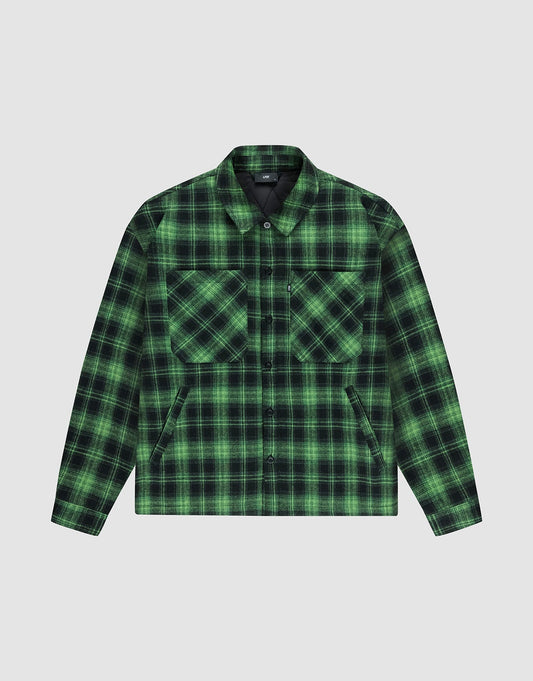 The LIVE FAST DIE YOUNG LFDY Padded Flannel features a green and black plaid oversize fit with two large chest pockets and a collar, shown against a plain light gray background. | plain