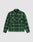 The LIVE FAST DIE YOUNG LFDY Padded Flannel features a green and black plaid oversize fit with two large chest pockets and a collar, shown against a plain light gray background.
