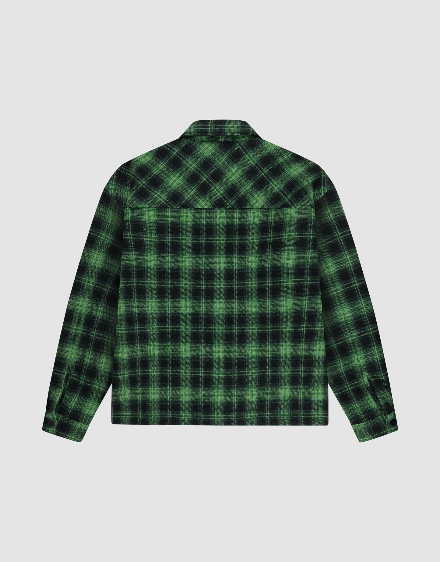 The LIVE FAST DIE YOUNG LFDY Padded Flannel, a green and black plaid overshirt in an Oversize Fit, is displayed from the back on a light gray background.