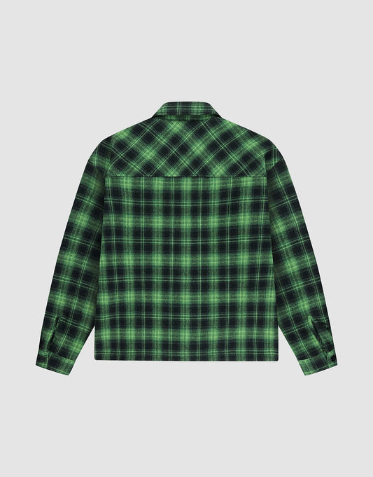 The LIVE FAST DIE YOUNG LFDY Padded Flannel is a green and black plaid overshirt with long sleeves and chest pockets, shown from the back and laid flat on a light gray background.