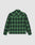 The LIVE FAST DIE YOUNG LFDY Padded Flannel is a green and black plaid overshirt with long sleeves and chest pockets, shown from the back and laid flat on a light gray background.