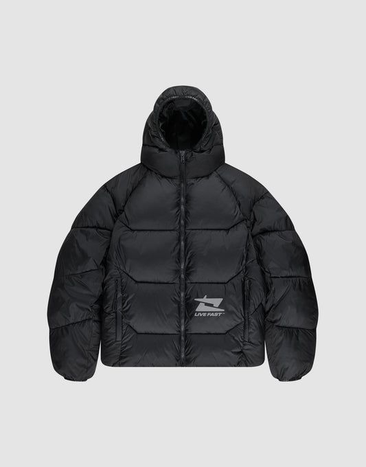 The Live Fast Puffer Jacket by LIVE FAST DIE YOUNG is a black, water-repellent jacket with a hood, front zipper, and reflective "LIVE FAST" text plus a shark graphic on the left chest. Seen here on a light gray background. | plain