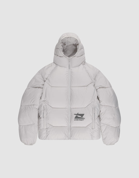 The Live Fast Puffer Jacket by LIVE FAST DIE YOUNG is a light gray, oversized puffer with a hood, front zipper, two side pockets, and a black graphic plus "LIVE FAST" in reflective print on the lower left. | plain