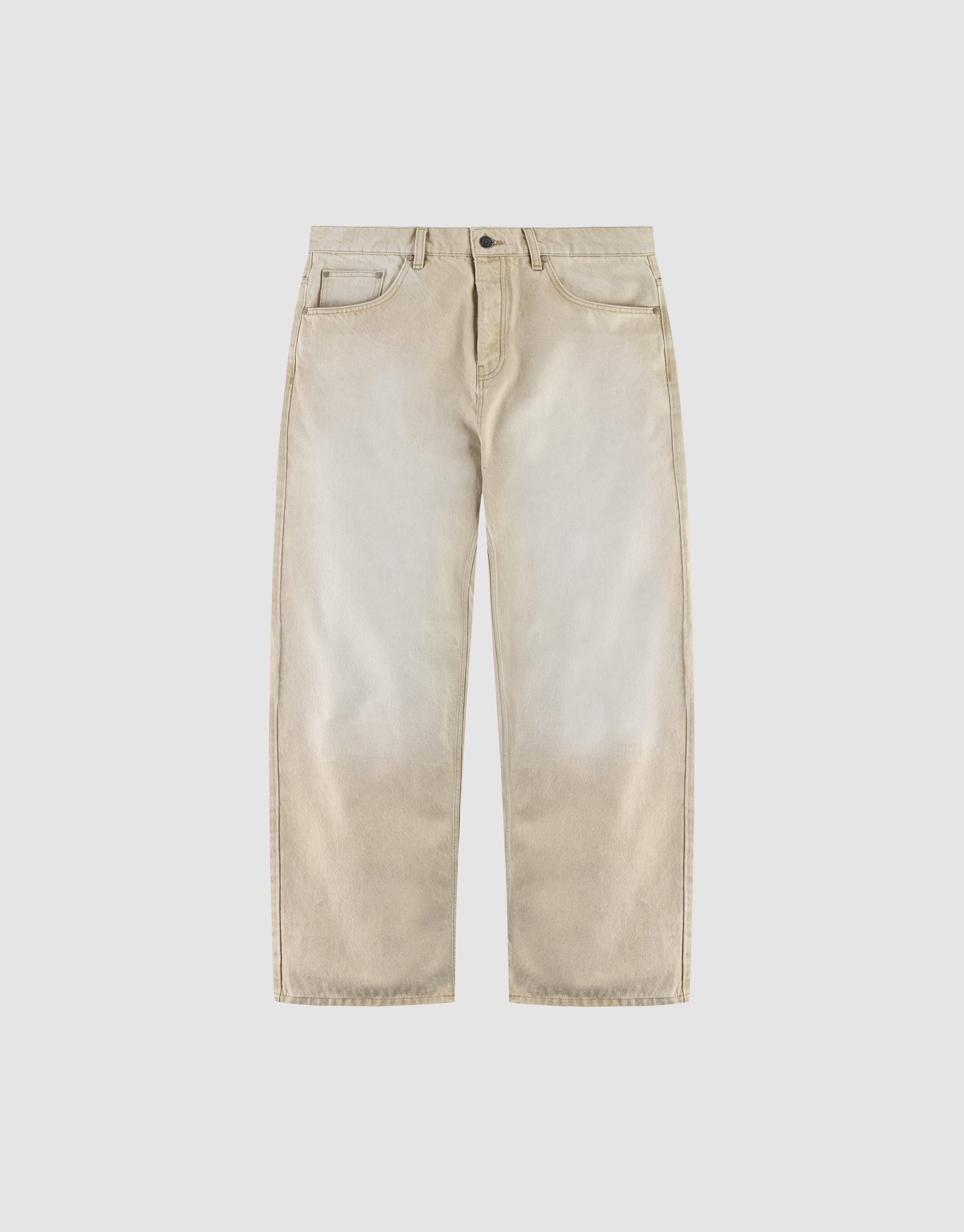 The LFDY Baggy Denim by LIVE FAST DIE YOUNG features light beige, wide-leg 100% cotton jeans with a baggy fit, subtle faded effect, button and zip front closure, and standard pockets, shown on a plain white background.