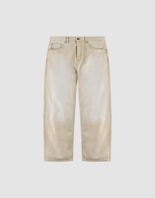 The LFDY Baggy Denim by LIVE FAST DIE YOUNG features light beige, wide-leg 100% cotton jeans with a baggy fit, subtle faded effect, button and zip front closure, and standard pockets, shown on a plain white background. | plain