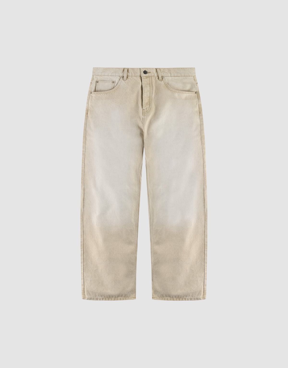 The LFDY Baggy Denim by LIVE FAST DIE YOUNG features light beige, wide-leg 100% cotton jeans with a baggy fit, subtle faded effect, button and zip front closure, and standard pockets, shown on a plain white background. | plain