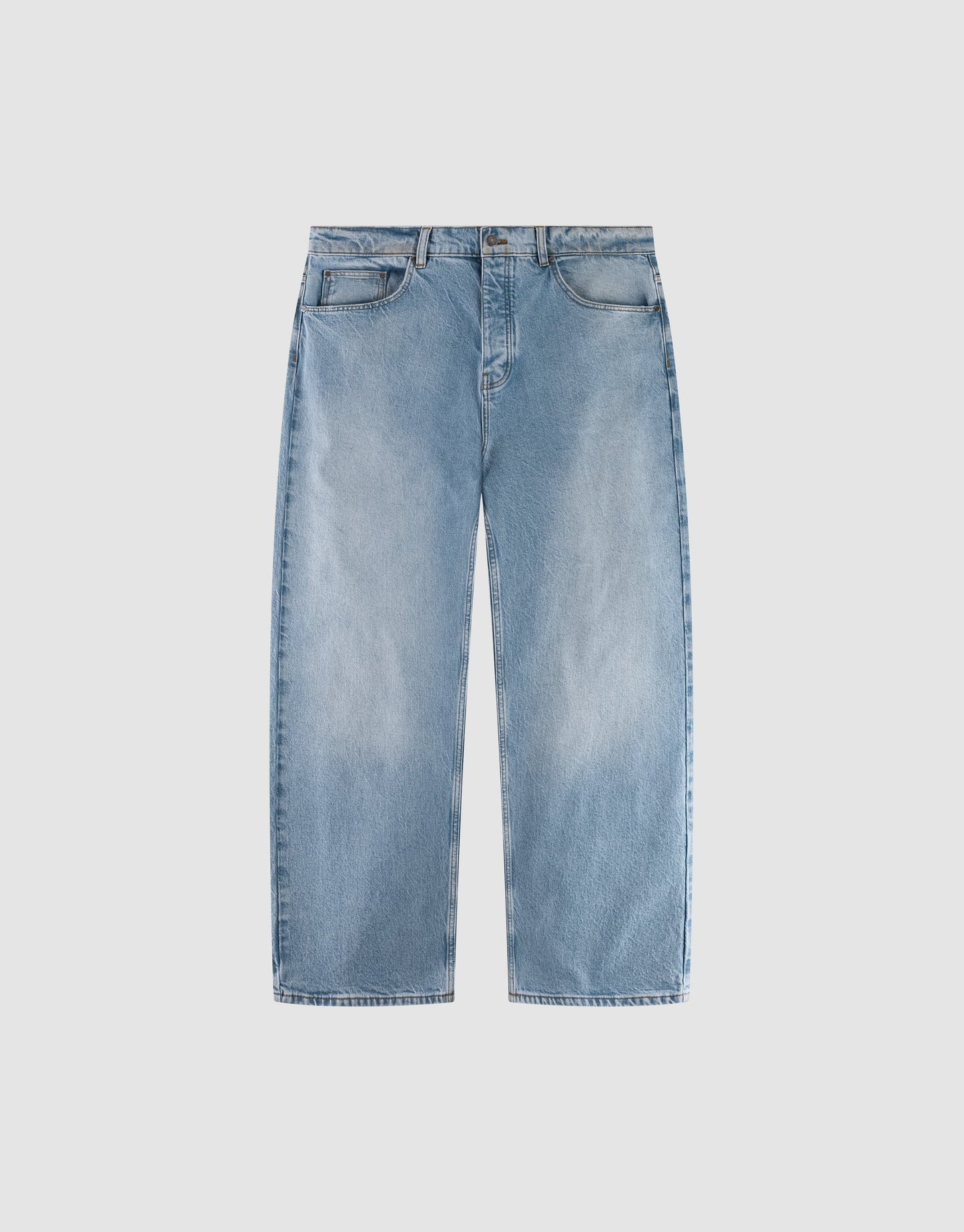 The LFDY Baggy Denim by LIVE FAST DIE YOUNG features light blue, straight-leg style and classic five-pocket design in 100% cotton, shown laid flat on a plain white background.