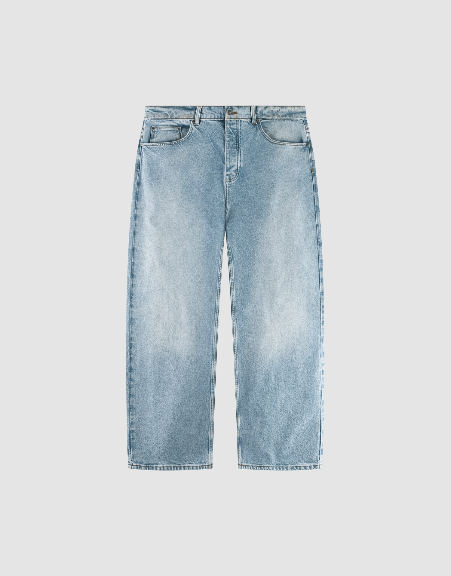 The LFDY Baggy Denim by LIVE FAST DIE YOUNG features light blue, high-waisted jeans with a baggy, straight-leg fit, classic five-pocket design, button and zipper closure, laid flat on a plain light gray background. | plain