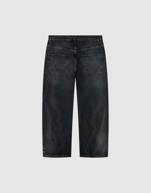 Back view of LIVE FAST DIE YOUNG LFDY Baggy Denim jeans in black, showcasing two back pockets, visible stitching, and a wide straight leg silhouette on a plain light gray background.