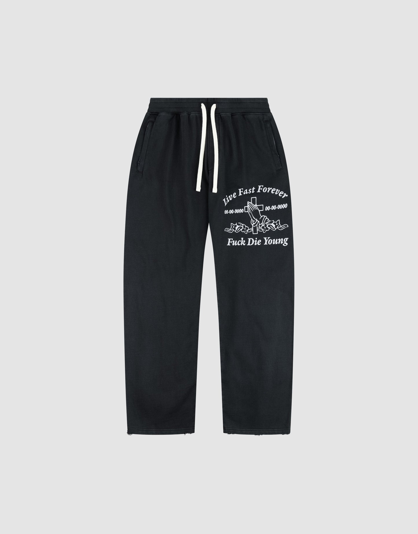 The LFDY Praying Jogger by LIVE FAST DIE YOUNG features a wide fit, white drawstrings, and bold white graphic text with a snake illustration on the left thigh. | plain