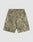 LIVE FAST DIE YOUNG Canvas Shorts: Green and beige camo denim with front/back pockets, straight leg, baggy fit, button and zipper closure; made from 100% cotton. Displayed flat on a plain white background.