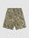 Back view of LIVE FAST DIE YOUNG Canvas Shorts in khaki green and beige camo, baggy fit with straight legs, two rear pockets, and visible stitching, shown on a plain light background.