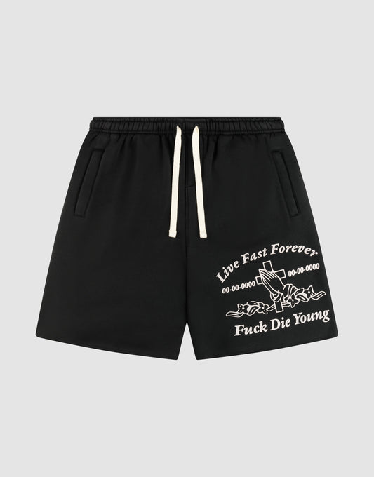 The LFDY Praying Shorts by LIVE FAST DIE YOUNG are black regular fit shorts with white drawstrings, printed text, stylized graphics, and seitliche Eingrifftaschen. The elastikbund offers comfort. Item shown on a plain background. | plain