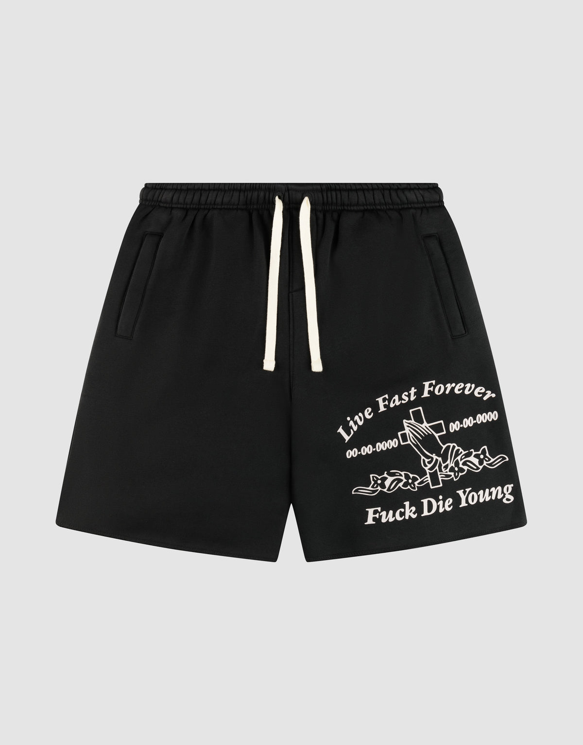 The LFDY Praying Shorts by LIVE FAST DIE YOUNG are black regular fit shorts with white drawstrings, printed text, stylized graphics, and seitliche Eingrifftaschen. The elastikbund offers comfort. Item shown on a plain background. | plain