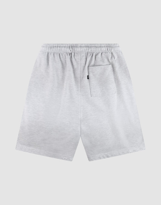 The DY Rivet Shorts by LIVE FAST DIE YOUNG are light gray athletic shorts shown from the back, featuring an elastic waistband and a right patch pocket. Made from 100% Baumwolle for comfort and breathability.