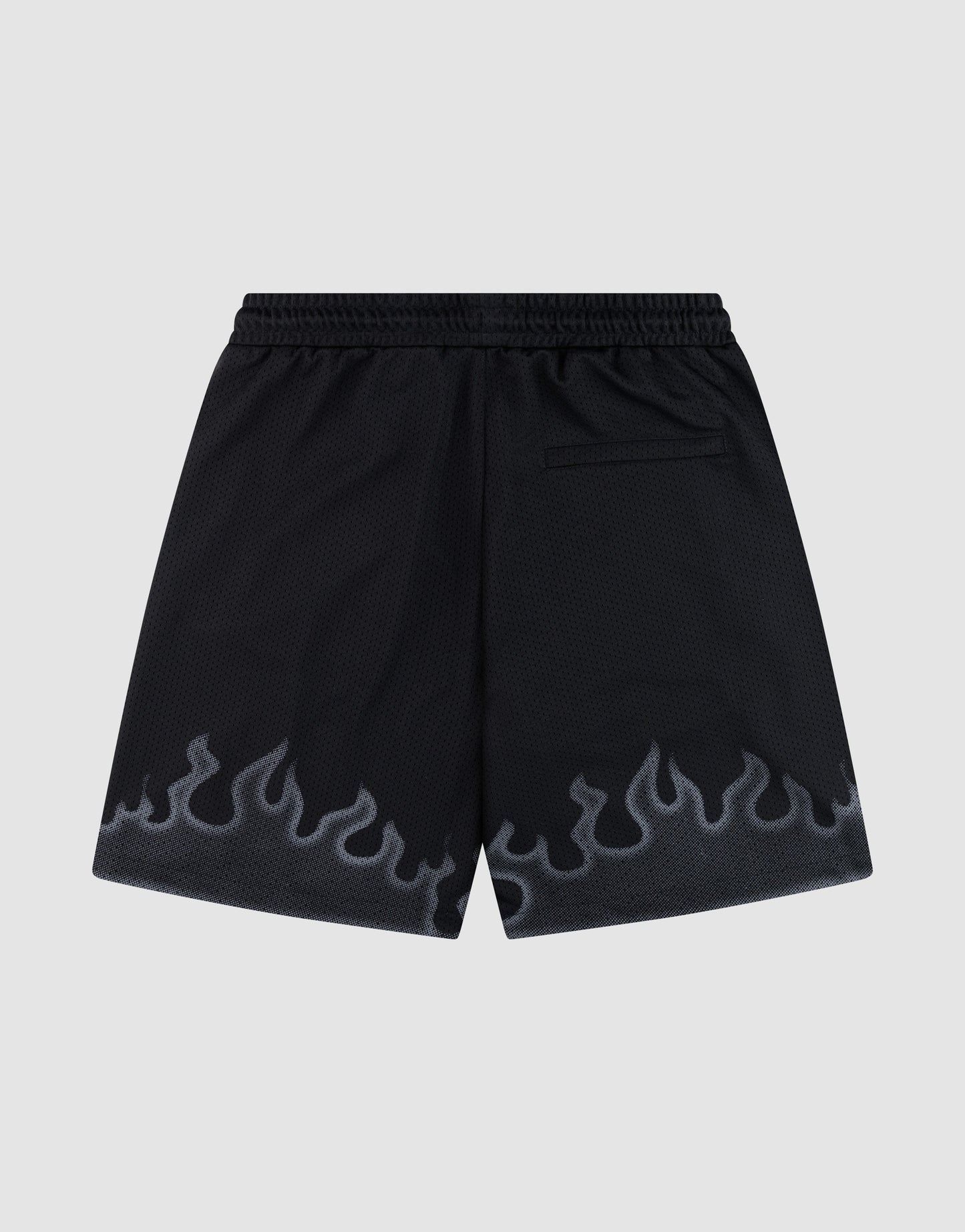 LIVE FAST DIE YOUNG Burning Mesh Shorts: Black athletic shorts with Elastikbund, single back pocket, and gray flame print along the hem. Set against a light gray background.