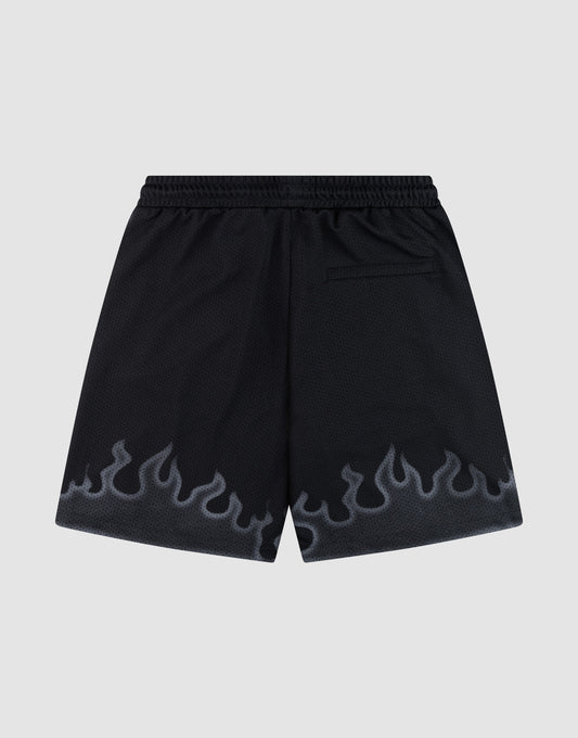 LIVE FAST DIE YOUNG Burning Mesh Shorts: Black athletic shorts with Elastikbund, single back pocket, and gray flame print along the hem. Set against a light gray background.