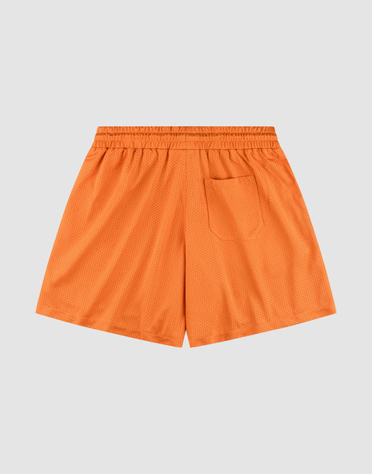 The LFDY Praying Mesh Shorts by LIVE FAST DIE YOUNG are orange regular-fit athletic shorts with an elastic waistband and single back pocket. Crafted from lightweight, breathable polyester, they're ideal for sports or casual wear and shown on a light gray background.
