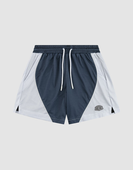 LIVE FAST DIE YOUNG LFDY Piping Mesh Shorts feature lightweight polyester, a navy front with white side panels, regular fit, elastic waistband with white drawstrings, side pockets, and a logo patch on the left leg. Displayed flat on a light background. | plain