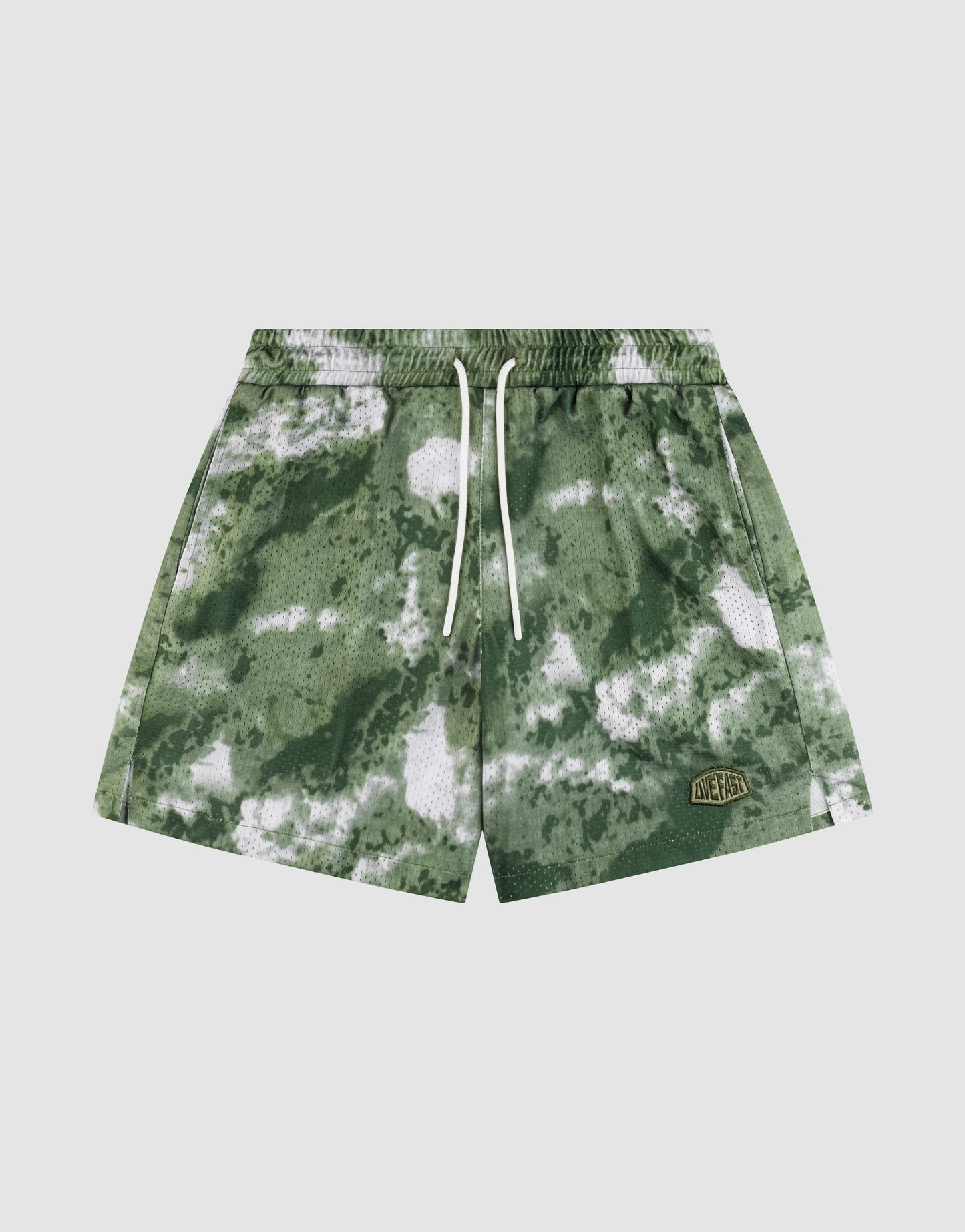 The LFDY Mesh Shorts by LIVE FAST DIE YOUNG feature a green and white camouflage pattern, comfortable elastic waistband with white drawstrings, durable polyester fabric, and a small rectangular logo on the left leg. | plain
