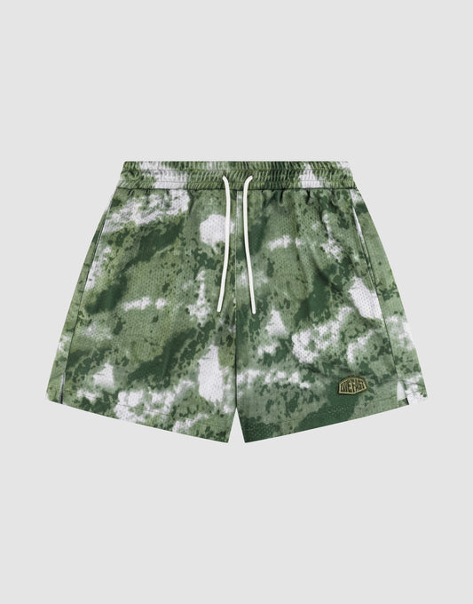 The LFDY Mesh Shorts by LIVE FAST DIE YOUNG feature a green and white camouflage pattern, comfortable elastic waistband with white drawstrings, durable polyester fabric, and a small rectangular logo on the left leg. | plain