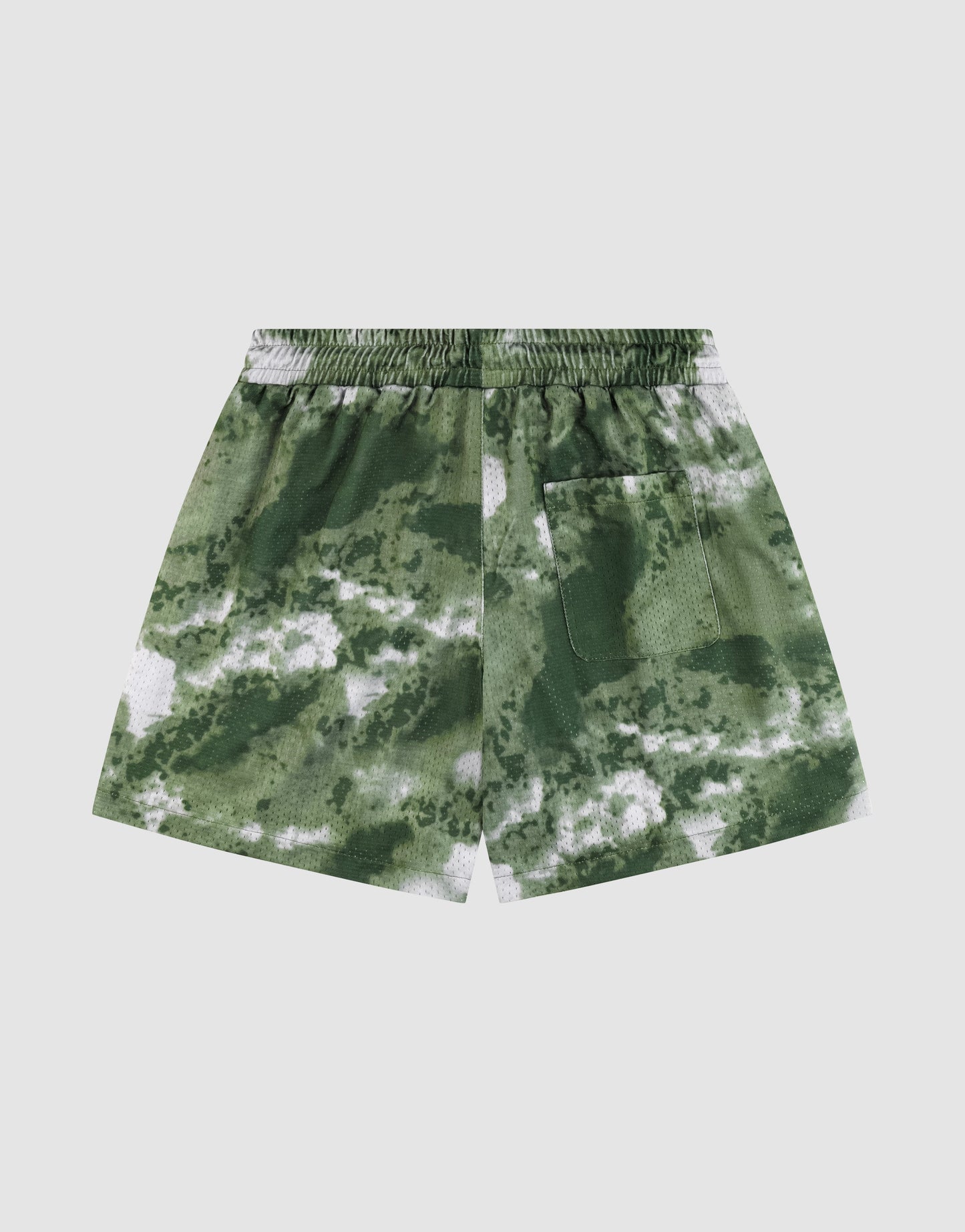LFDY Mesh Shorts by LIVE FAST DIE YOUNG in green and white tie-dye, feature a regular fit, elastic waistband (Elastikbund), single back pocket, and are crafted from soft, durable polyester. Displayed flat on a light grey background.