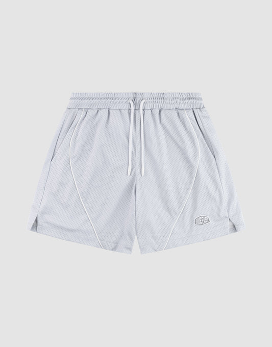 The LFDY Piping Mesh Shorts by LIVE FAST DIE YOUNG feature light gray polyester mesh, an elastic waistband with white drawstring, side pockets, front seam piping, a logo patch on the lower left leg, and a regular fit. Background is plain light gray. | plain