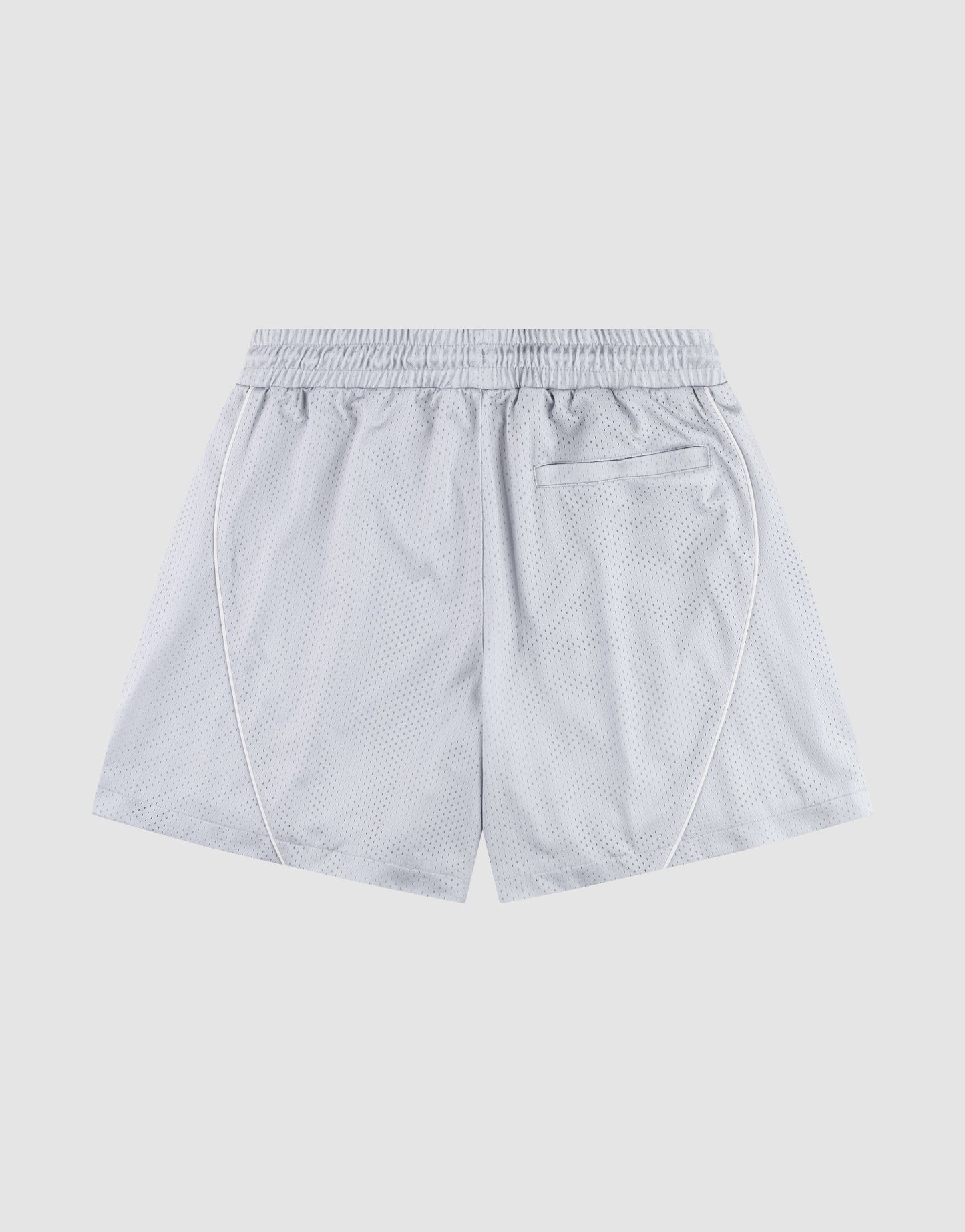 The LFDY Piping Mesh Shorts by LIVE FAST DIE YOUNG feature light gray polyester mesh, a comfortable regular fit with elastic waistband, white side piping, and a back pocket. Displayed flat on a light gray background.