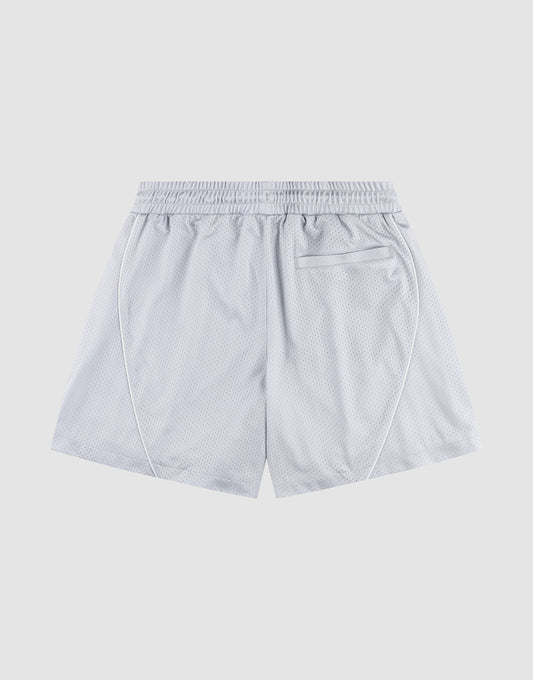 The LFDY Piping Mesh Shorts by LIVE FAST DIE YOUNG feature light gray polyester mesh, a comfortable regular fit with elastic waistband, white side piping, and a back pocket. Displayed flat on a light gray background.
