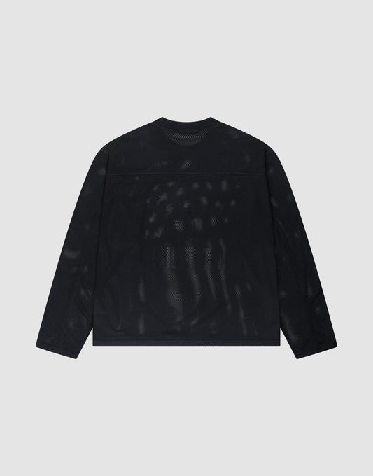 The LFDY Flash Jersey by LIVE FAST DIE YOUNG, a black, long-sleeve mesh shirt made from 100% polyester, is laid flat on a light grey background, showing its oversized fit and subtle see-through details from the back.