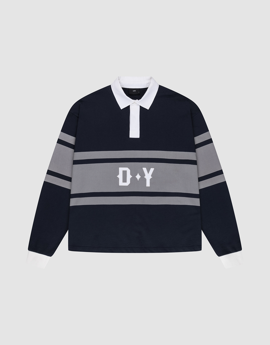 The LFDY Striped Polo by LIVE FAST DIE YOUNG features a navy blue oversize fit, white collar and cuffs, gray stripes across the chest and sleeves, and "D Y" in white on the front. Shirt is laid flat on a light gray background. | plain