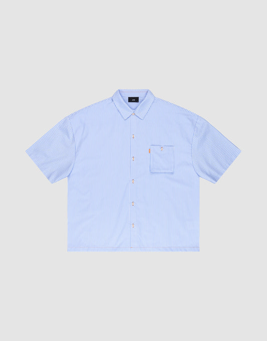 The LFDY Striped Boxy Shirt by LIVE FAST DIE YOUNG is a light blue and white short-sleeve button-up with thin vertical stripes, a chest pocket, and subtle Logo-Stick detail, shown on a plain light gray background. | plain