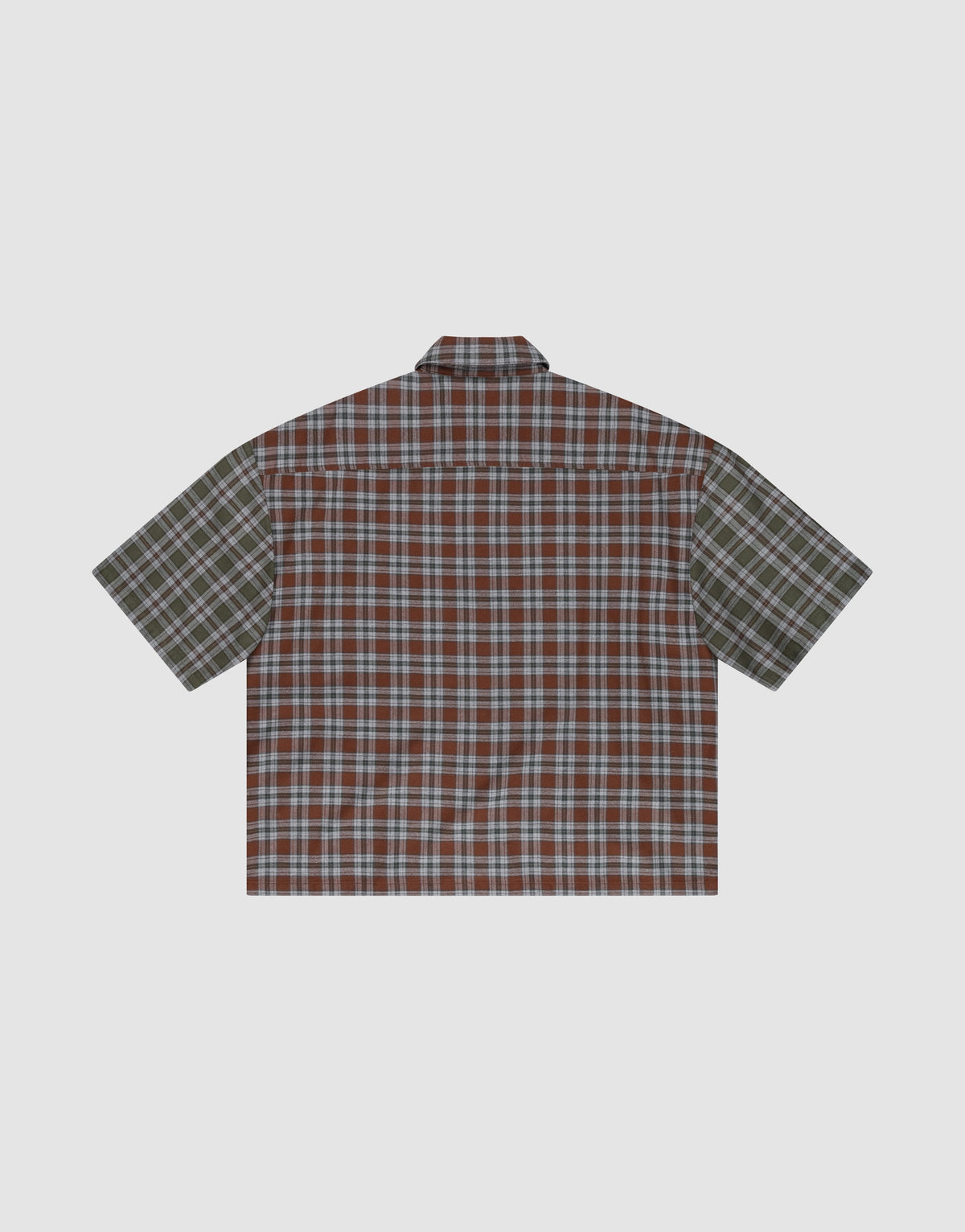 The LFDY Light Flannel by LIVE FAST DIE YOUNG is a short-sleeved, oversized button-up with mixed red/blue and green plaid panels, vintage washed look, and made from 100% cotton. Shown laid flat on a light background.