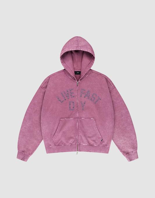 The Live Fast Rivet Hooded Zip by LIVE FAST DIE YOUNG is a mauve oversize-fit zip-up hoodie with front pockets, "LIVE FAST D*Y" in dotted letters across the chest and subtle Sprayeffekt details, shown on a plain light background. | plain