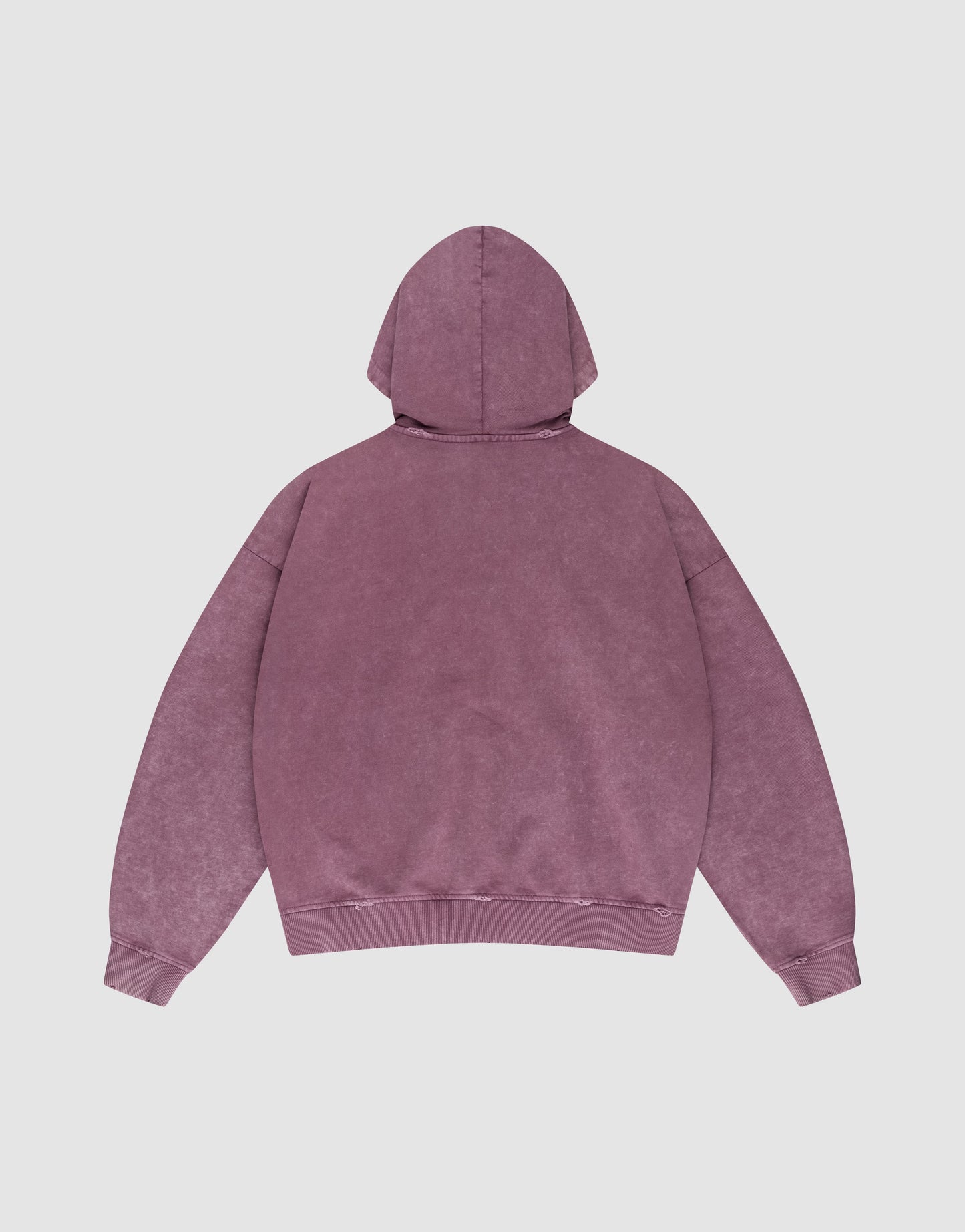 The Live Fast Rivet Hooded Zip by LIVE FAST DIE YOUNG is shown from the back, featuring an oversized acid-washed purple design with distressing, hood up and long sleeves spread against a light gray background.