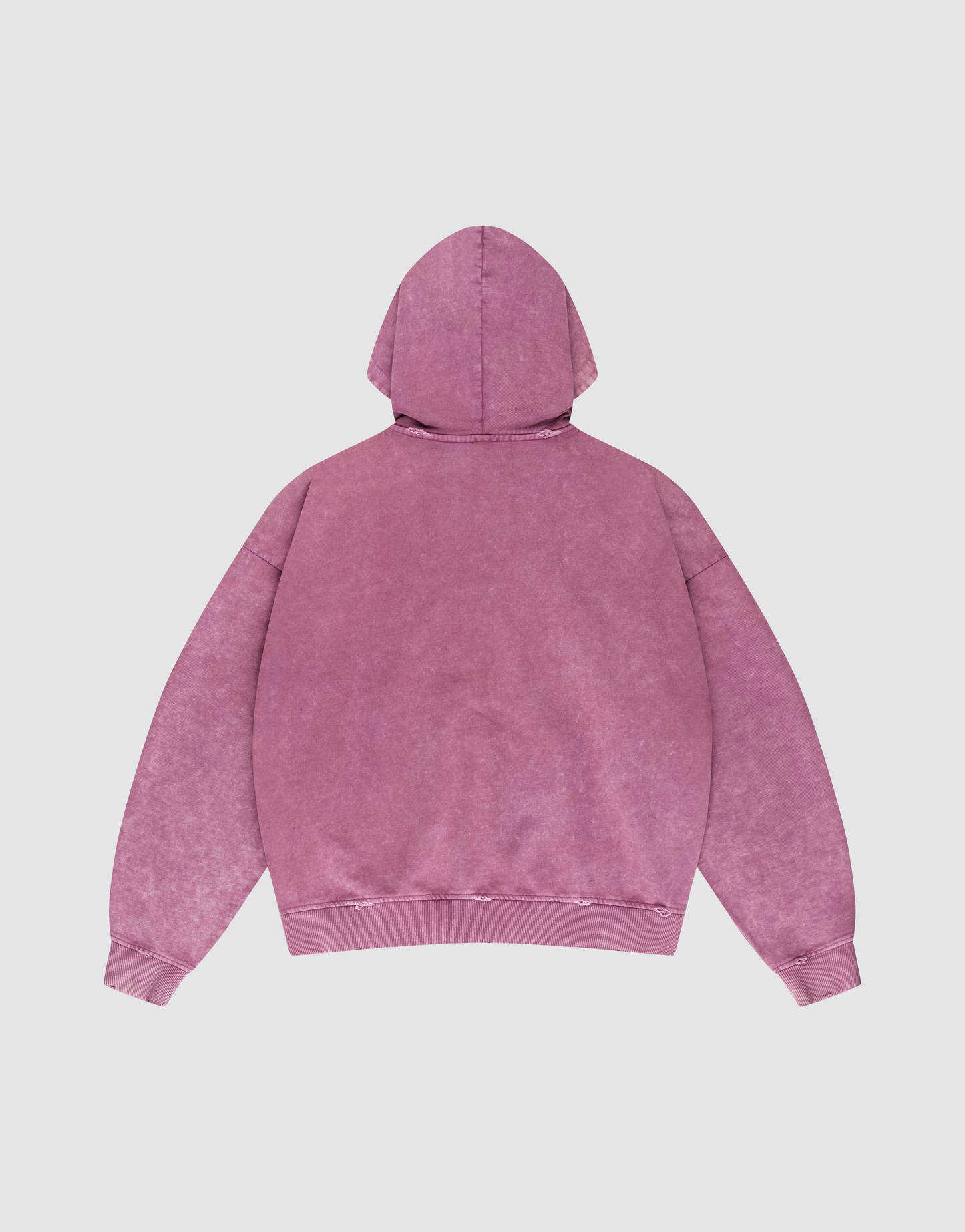 A back view of the LIVE FAST DIE YOUNG Live Fast Rivet Hooded Zip in pink, with long sleeves, an oversized fit, and subtle Sprayeffekt details, shown against a plain white background.