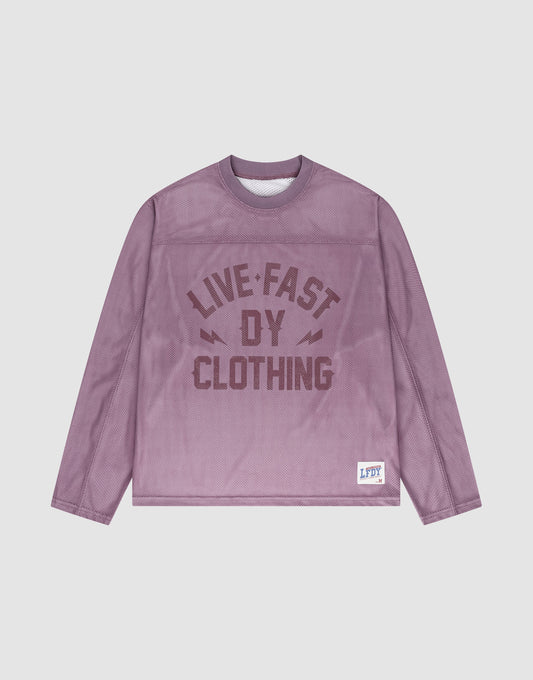 The LFDY Flash Jersey by LIVE FAST DIE YOUNG is a purple mesh, long-sleeve shirt with an oversized fit, bold front branding, and a small LFDY label on the lower left hem. | plain