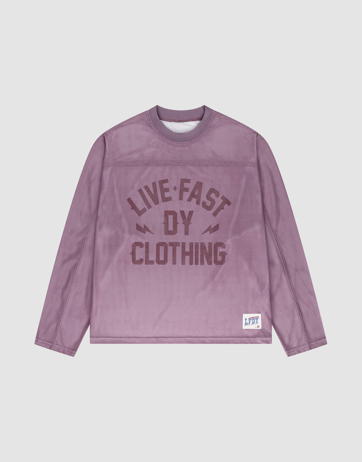 The LFDY Flash Jersey by LIVE FAST DIE YOUNG is a purple mesh, long-sleeve shirt with an oversized fit, bold front branding, and a small LFDY label on the lower left hem. | plain